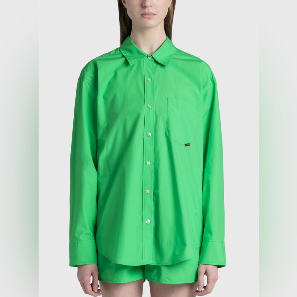 T by Alexander Wang Boyfriend Button Up Shirt Bright Green Poplin Oversized